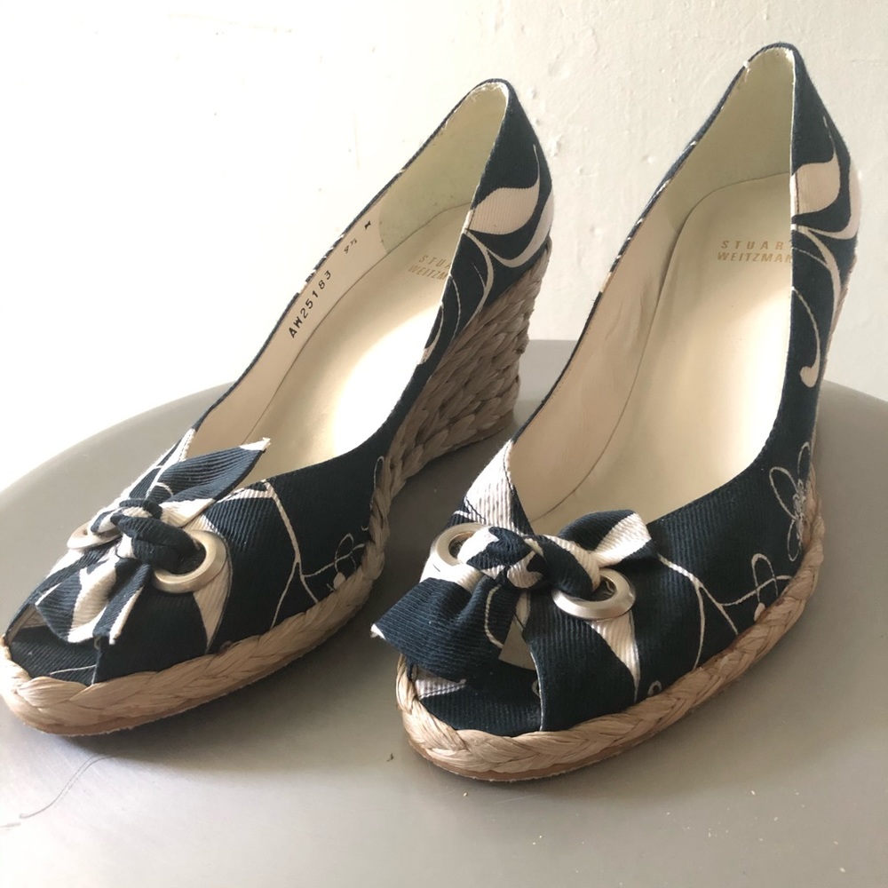 Stuart Weitzman Navy and White Wedge Sandals 9.5